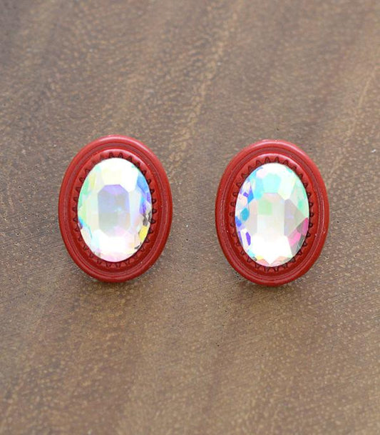 RED OVAL GLASS STONE POST EARRINGS