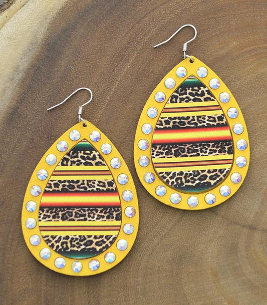 YELLOW LEOPARD SERAPE WOOD PRINT TEARDROP EARRINGS