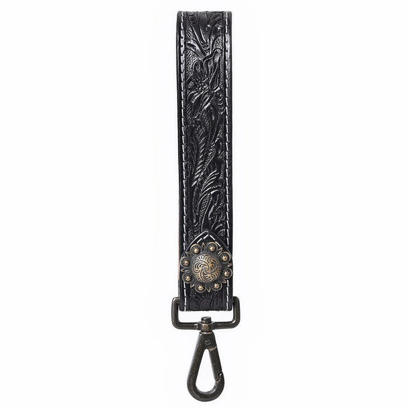 AMERICAN DARLING Black Hand Tooled Genuine Leather Wristlet Key Ring - ADKR217G
