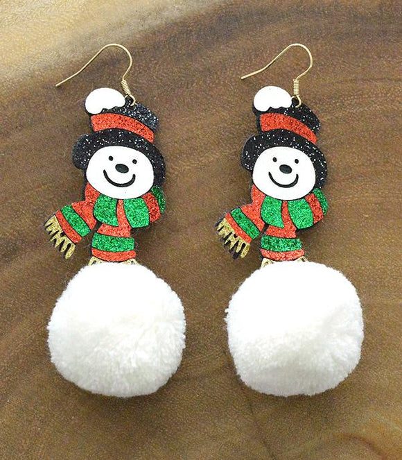 Glitter Snowman Pom Christmas Earrings