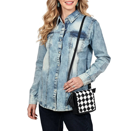 OHLAY LEATHER TOOLED CHECKERED CROSSBODY BAG