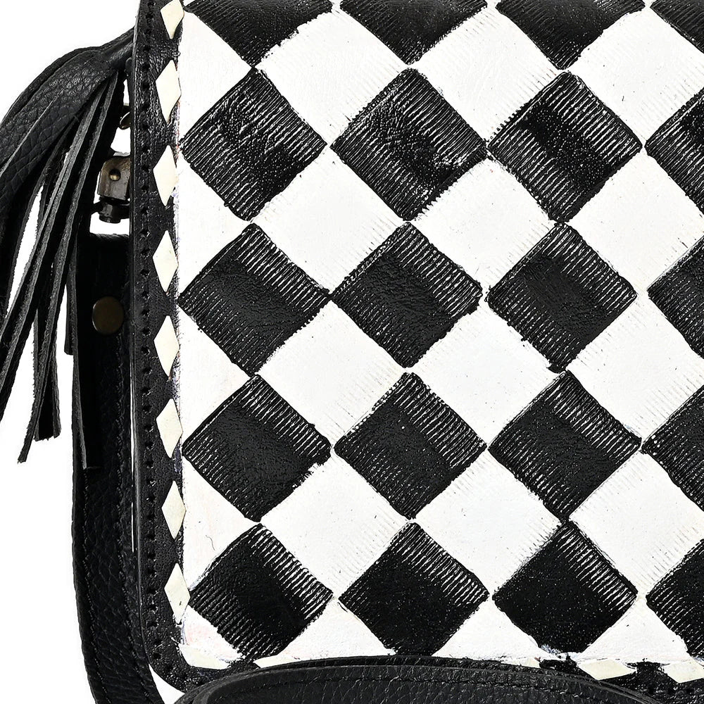 OHLAY LEATHER TOOLED CHECKERED CROSSBODY BAG