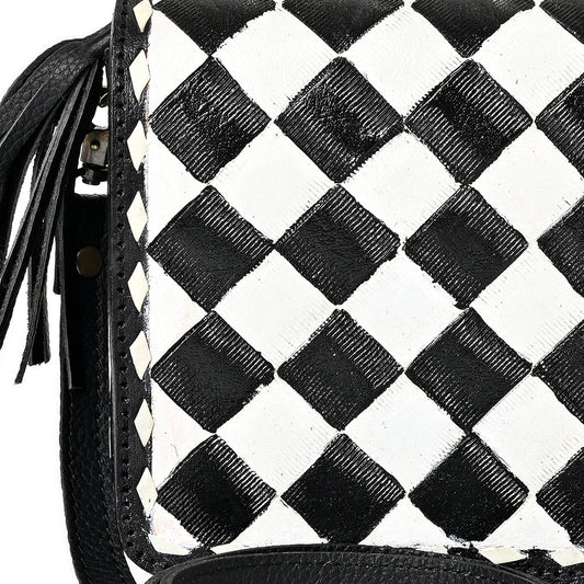 OHLAY LEATHER TOOLED CHECKERED CROSSBODY BAG