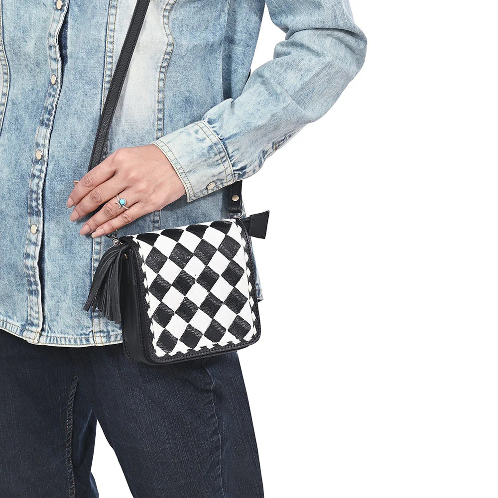 OHLAY LEATHER TOOLED CHECKERED CROSSBODY BAG