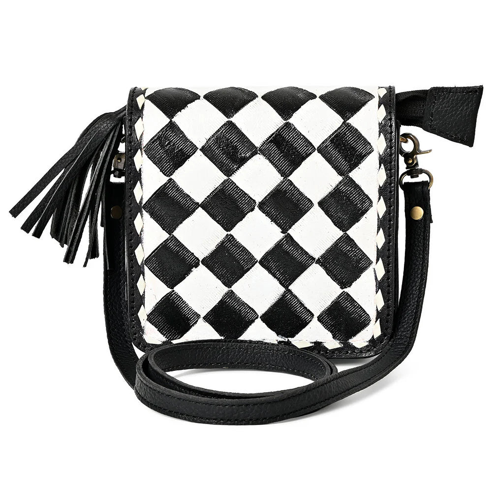 OHLAY LEATHER TOOLED CHECKERED CROSSBODY BAG