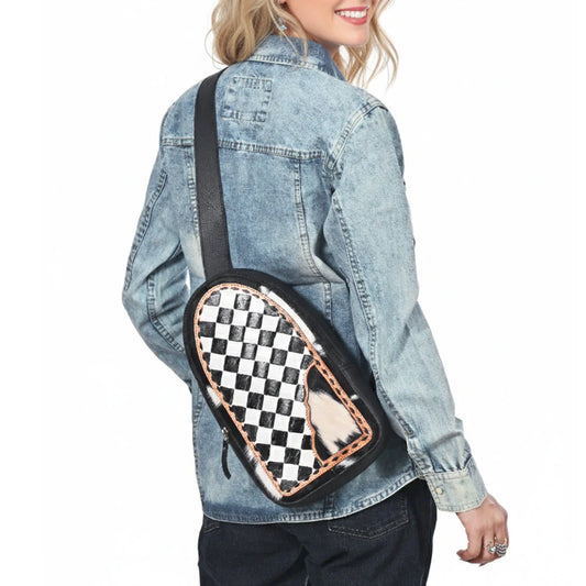 OHLAY LEATHER TOOLED SLING HAIR ON WESTERN BAG