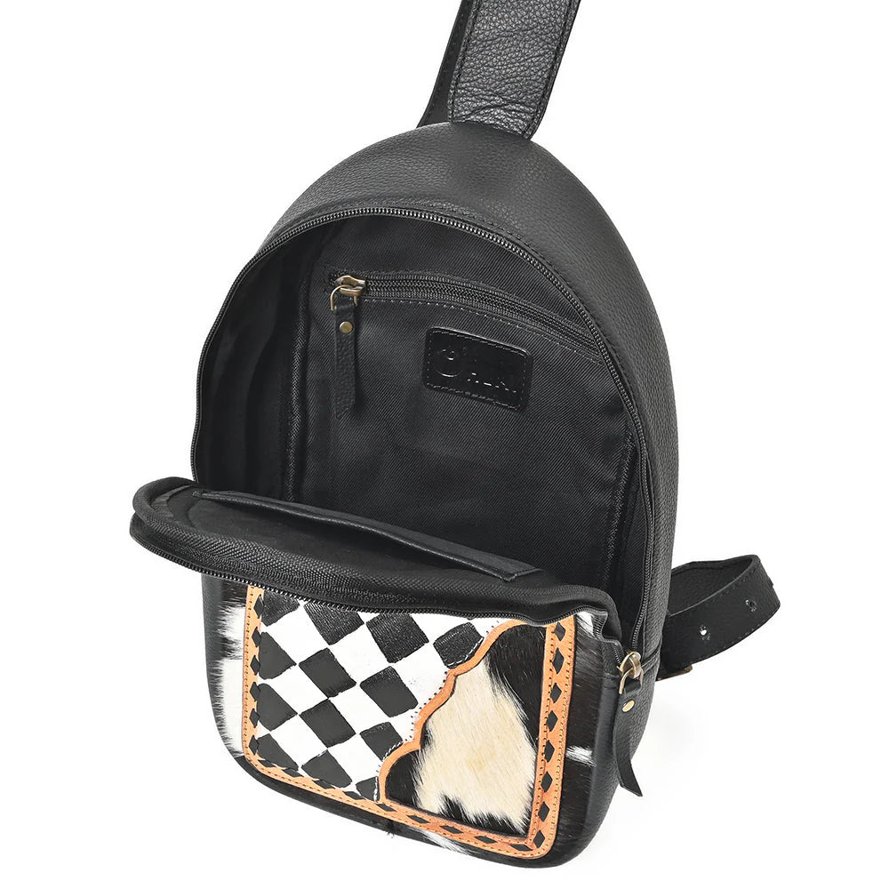 OHLAY LEATHER TOOLED SLING HAIR ON WESTERN BAG