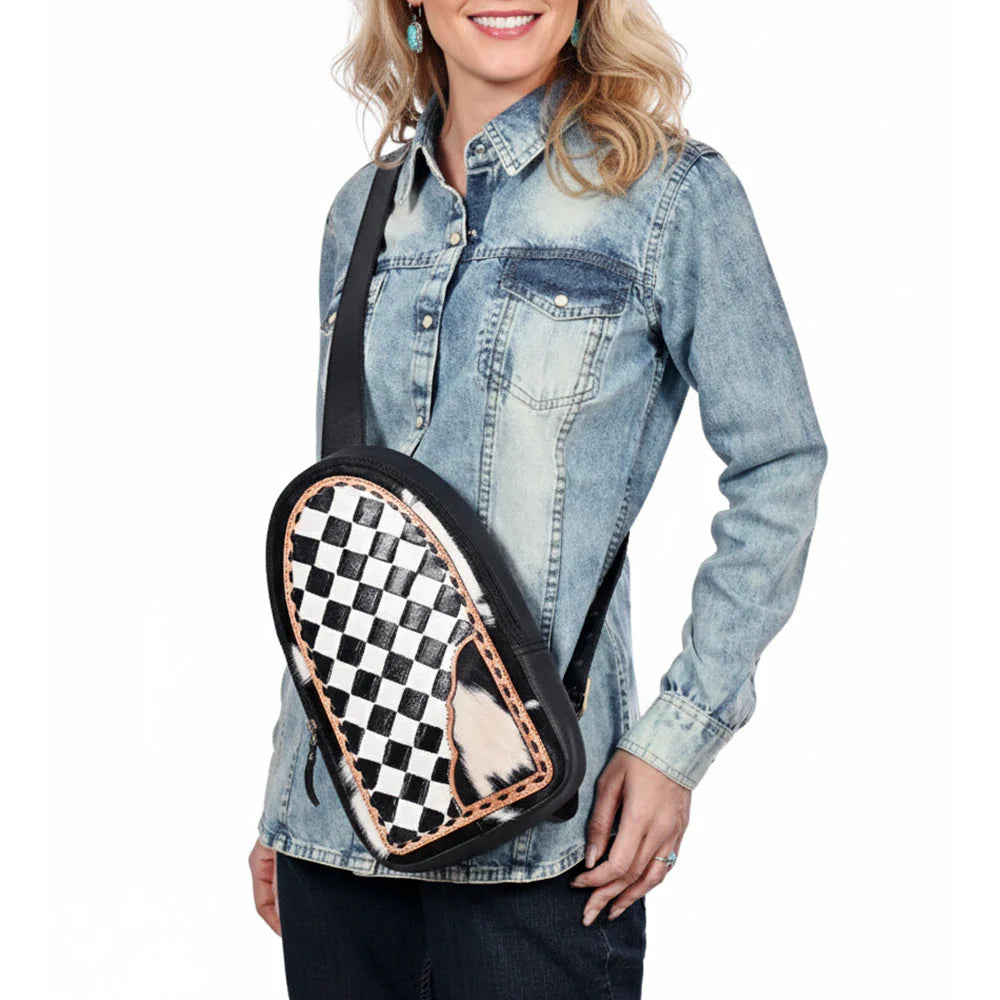 OHLAY LEATHER TOOLED SLING HAIR ON WESTERN BAG