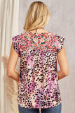 ROUND NECKLINE FLORAL EMBROIDERY FLUTTER SLEEVES TOP - MAGENTA MULTI