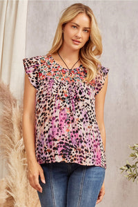ROUND NECKLINE FLORAL EMBROIDERY FLUTTER SLEEVES TOP - MAGENTA MULTI