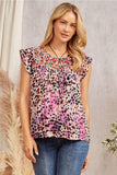 ROUND NECKLINE FLORAL EMBROIDERY FLUTTER SLEEVES TOP - MAGENTA MULTI