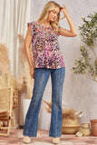 ROUND NECKLINE FLORAL EMBROIDERY FLUTTER SLEEVES TOP - MAGENTA MULTI