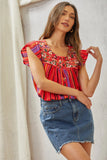 FLORAL EMBROIDERY ROUND NECKLINE TOP - RED MULTI