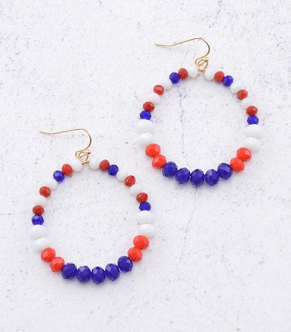 RED WHITE BLUE BEAD HOOP EARRINGS