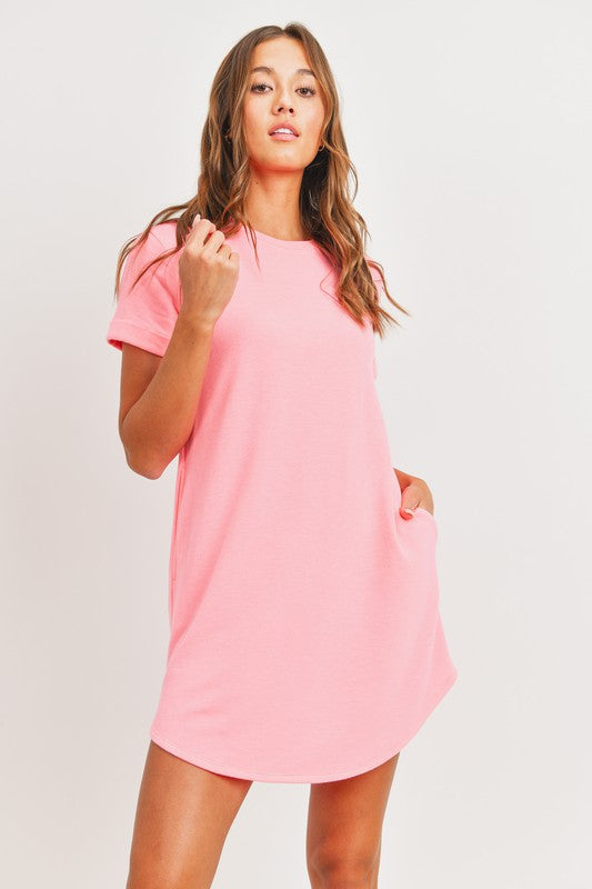 FRENCH TERRY POCKET T SHIRT DRESS - NEON PINK
