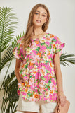 WOVEN FLORAL PRINT  FLUTTER SLEEVES TOP - HOT PINK