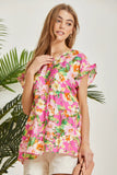 WOVEN FLORAL PRINT  FLUTTER SLEEVES TOP - HOT PINK