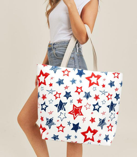 RED WHITE BLUE STAR PRINT CANVAS TOTE