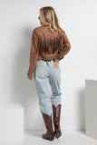 STUDDED FRINGE MOTO JACKET - BROWN