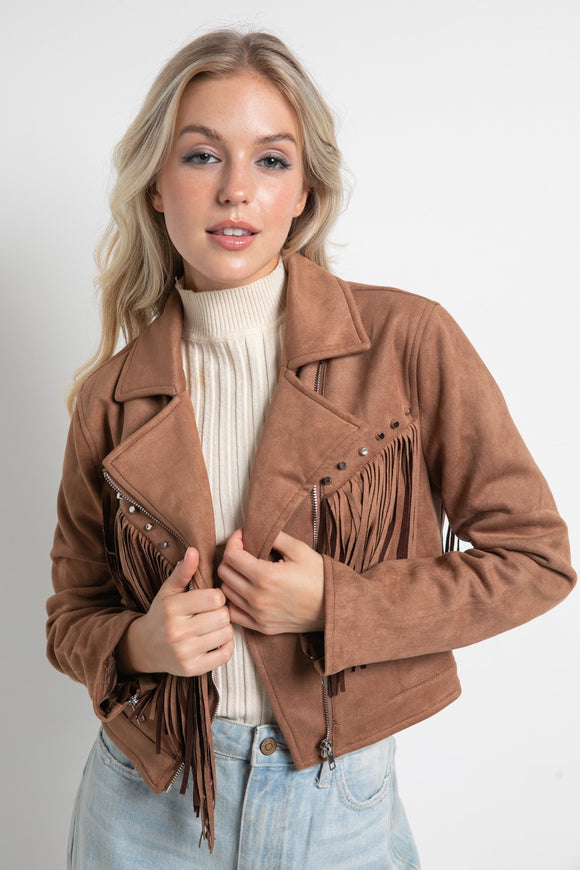 STUDDED FRINGE MOTO JACKET - BROWN