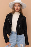 STUDDED FRINGE MOTO JACKET - BLACK