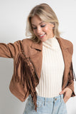 STUDDED FRINGE MOTO JACKET - BROWN