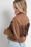 STUDDED FRINGE MOTO JACKET - BROWN