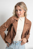 STUDDED FRINGE MOTO JACKET - BROWN