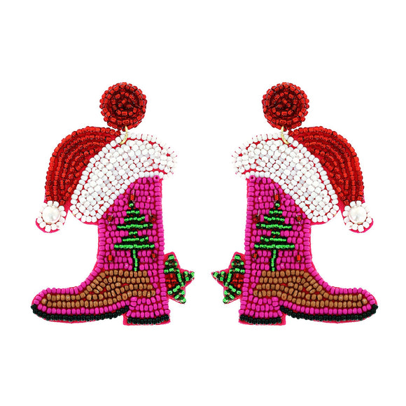 CHRISTMAS COWBOY BOOTS BEADED DROP EARRINGS - PINK