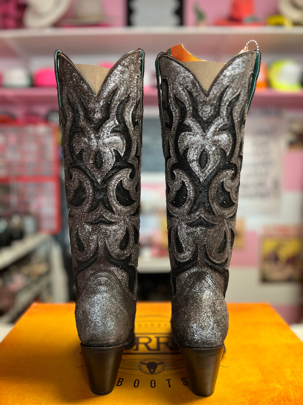 CORRAL WOMEN'S BROWN/BLACK EMBROIDERY & GLITTER CRYSTAL INLAY TALL WESTERN BOOT - Z5353