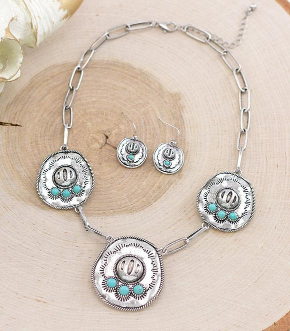SILVER LINKED TURQUOISE COWBOY HAT NECKLACE