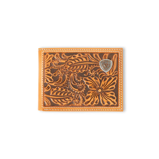 ARIAT MENS BIFOLD STYLE WALLET FLORAL EMBOSSED LOGO - NATURAL