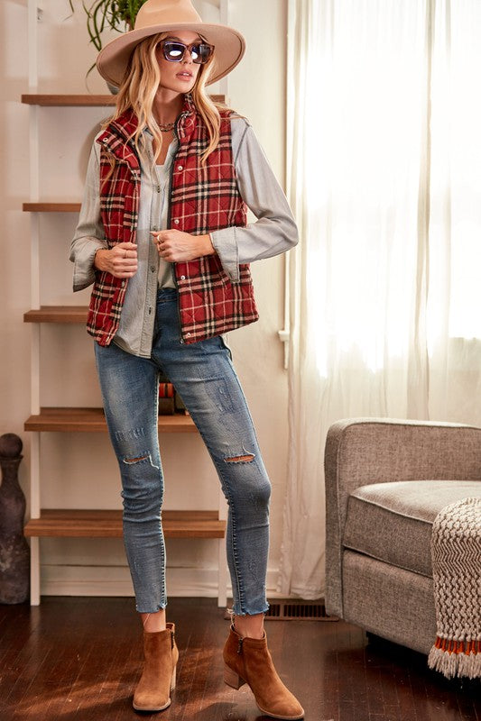 RED PLAID PRINTING PADDED VEST WITH POCKETS