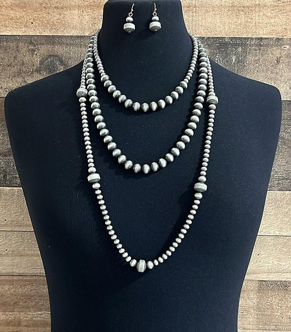 Western Navajo Pearl Beaded Layered Necklace - Silver