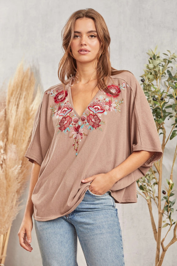 PONCHO VNECKLINE PONCHO SLEEVES TOP - MOCHA