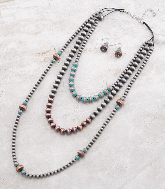 Western Navajo Pearl Beaded Layered Necklace - Patina