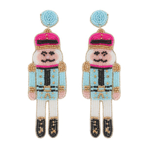 CHRISTMAS NUTCRACKER BEAD EMBROIDERED EARRINGS - FUCHSIA