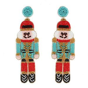 CHRISTMAS NUTCRACKER BEAD EMBROIDERED EARRINGS - TURQUOISE