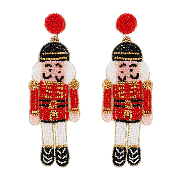 CHRISTMAS NUTCRACKER BEAD EMBROIDERED EARRINGS - RED