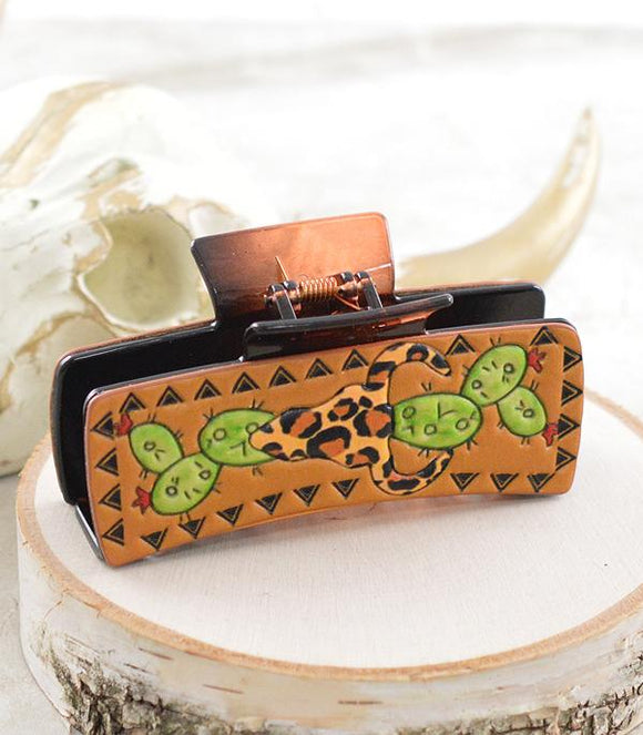 Western Cactus And Skull Faux Leather  Hair Claw Clip