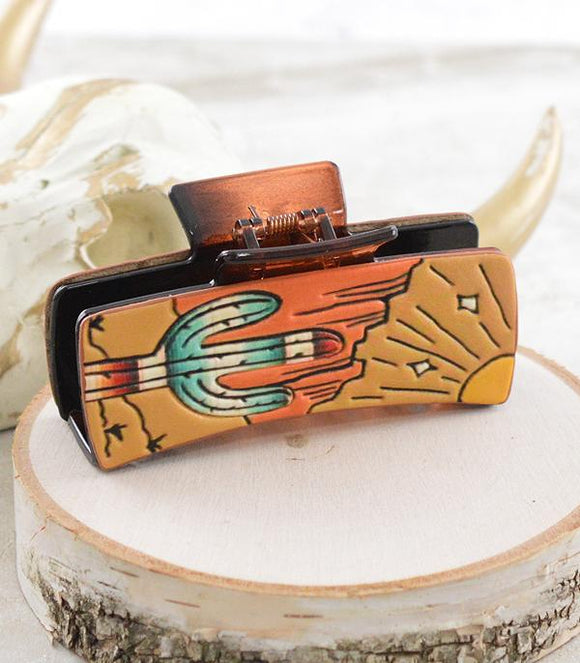 Western Cactus Faux Leather  Hair Claw Clip