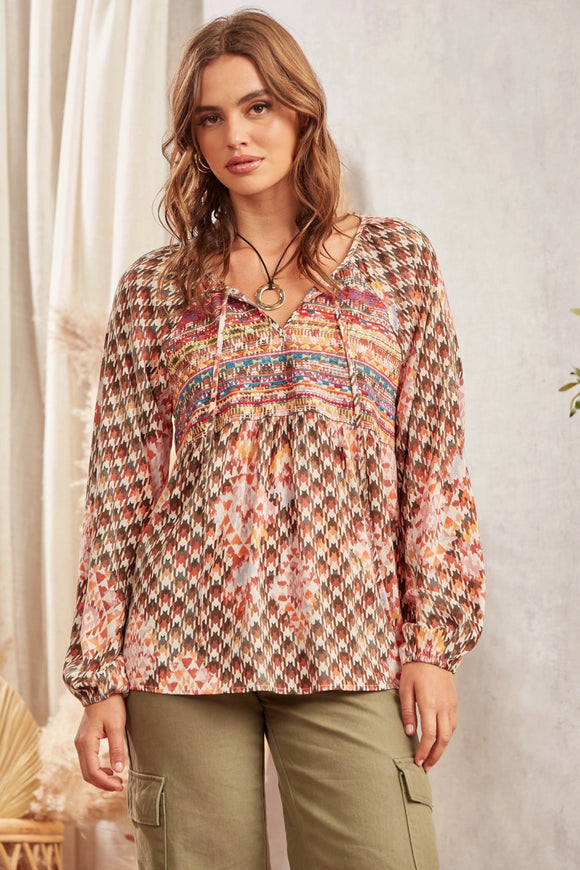 GEOMETRIC EMBROIDERY LONG SLEEVE TOP