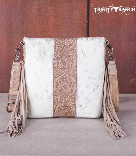 Trinity Ranch Hair-On Cowhide/Tooled Fringe Concealed Carry Crossbody Bag - Tan