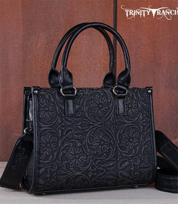 Trinity Ranch Floral Tooled Concealed Carry Tote/Crossbody - Black