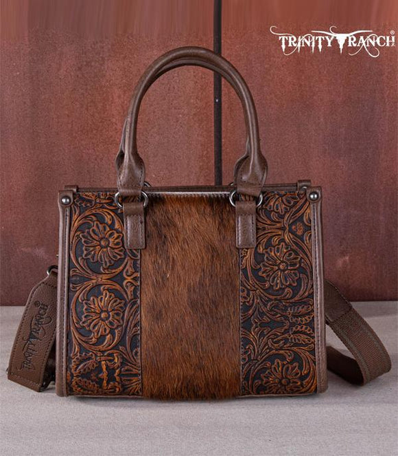 Trinity Ranch Hair On Cowhide Tooling Concealed Carry Tote/Crossbody - Oakwood