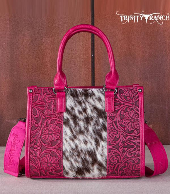 Trinity Ranch Hair On Cowhide Tooling Concealed Carry Tote/Crossbody - Hot Pink