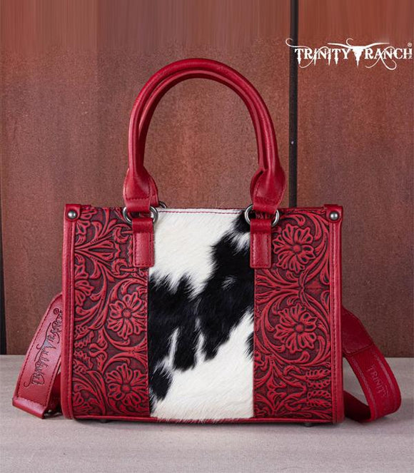 Trinity Ranch Hair On Cowhide Tooling Concealed Carry Tote/Crossbody - Red