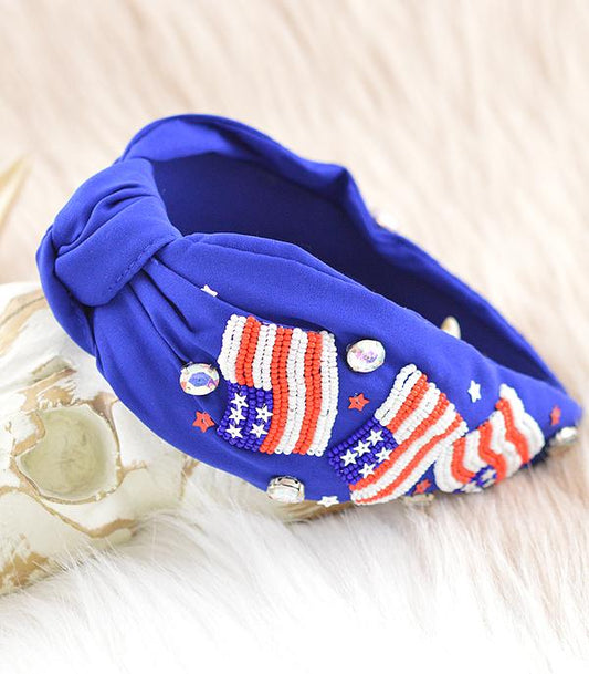 USA FLAG BEADED TOP KNOT HEADBAND - BLUE
