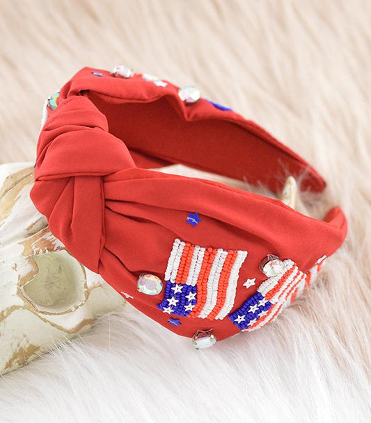 USA Flag Beaded Top Knot Headband