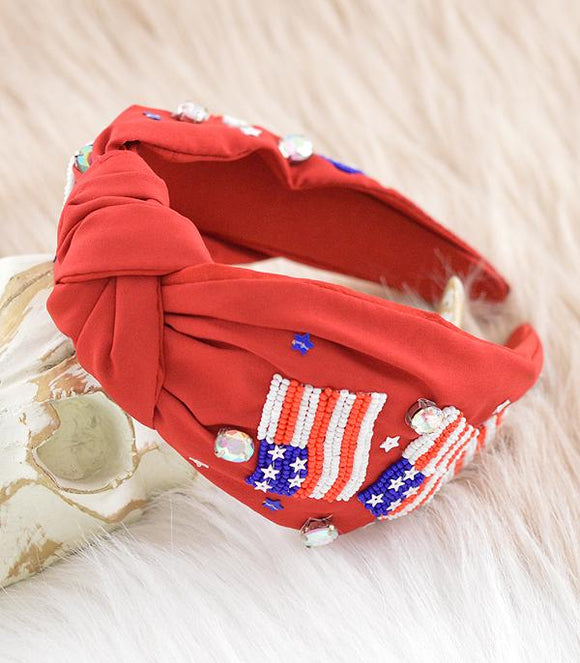 USA Flag Beaded Top Knot Headband